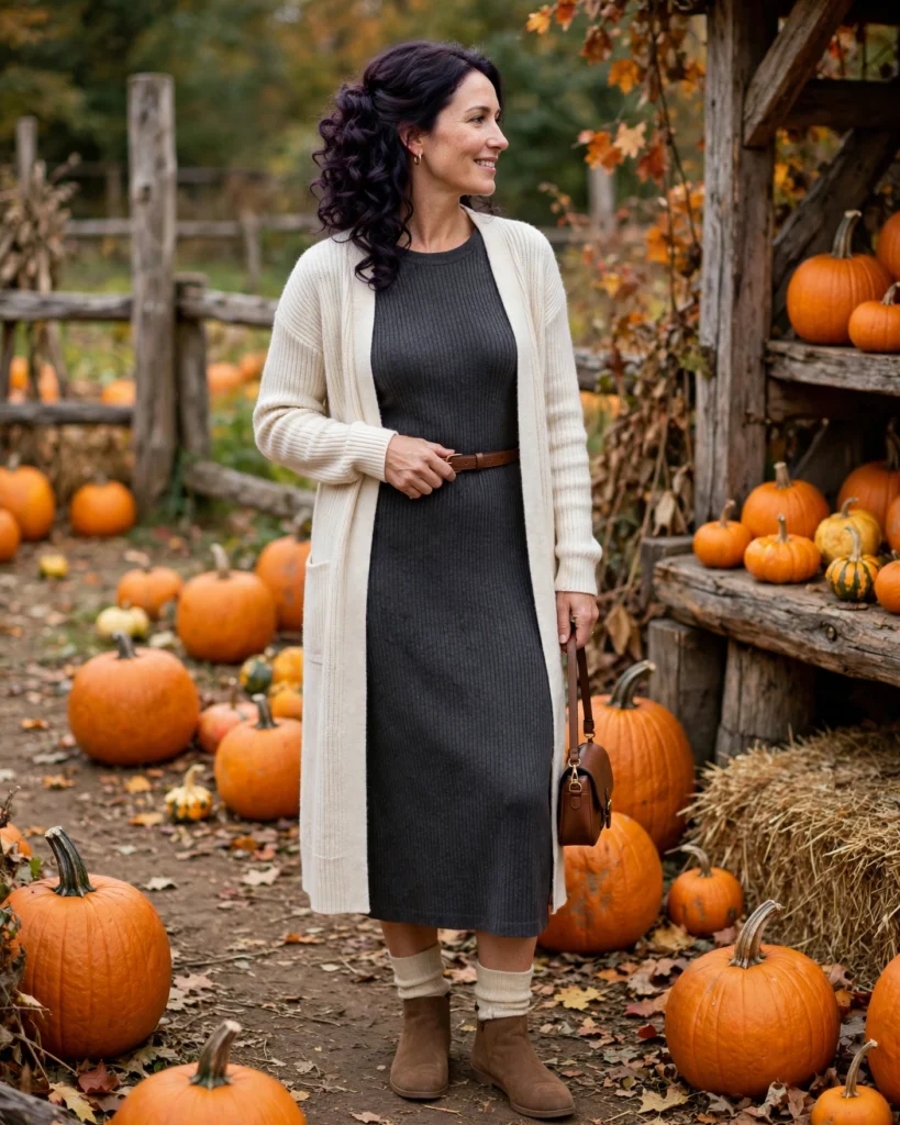 Long Cardigan with a Ribbed Midi Dress Mom Pumpkin Patch Outfit