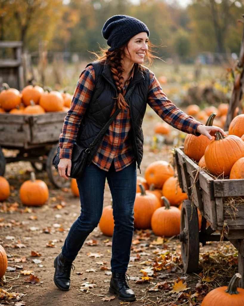 Casual Flannel Shirt with a Puffer Vest Mom Pumpkin Patch Outfit