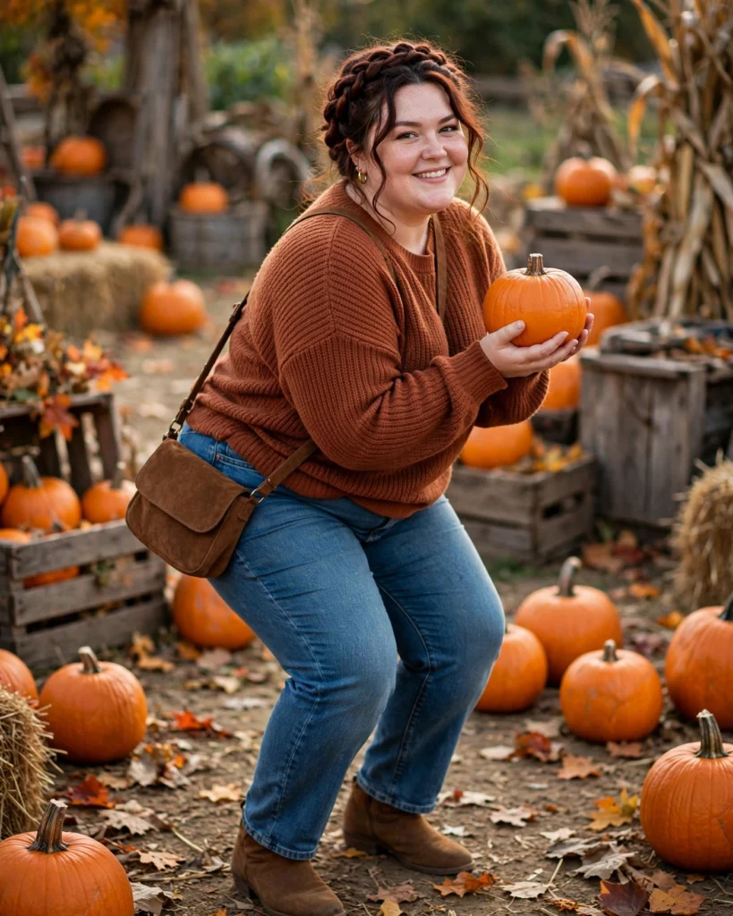 Straight-Leg Jeans and a Rust Sweater with Suede Boots Plus Size Pumpkin Patch Outfit