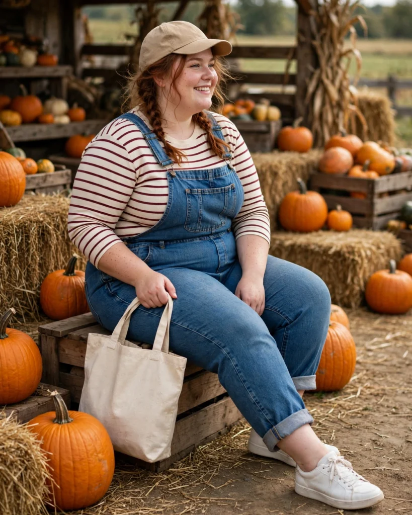 Denim Overalls and a Striped Long-Sleeve Tee Plus Size Pumpkin Patch Outfit