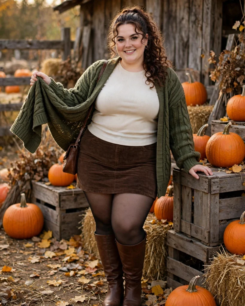 Corduroy Mini Skirt and a Chunky Cardigan with Tall Boots Plus Size Pumpkin Patch Outfit
