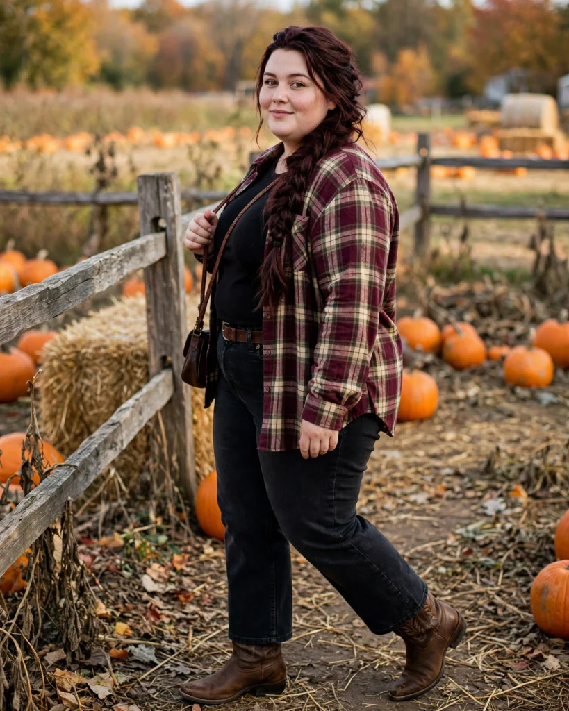 Flannel Shirt and Dark Jeans with Western Boots Plus Size Pumpkin Patch Outfit
