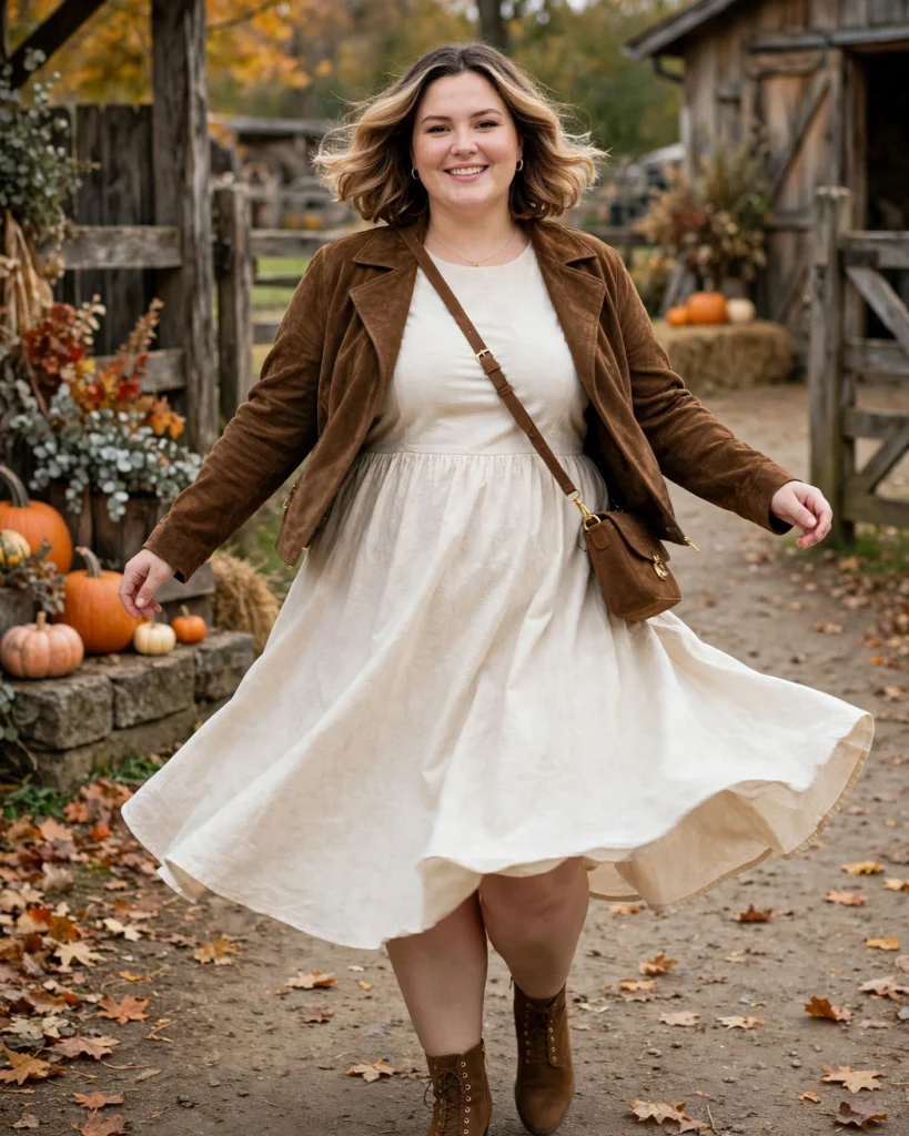 Brown Suede Jacket and a Cream Midi Dress Plus Size Pumpkin Patch Outfit