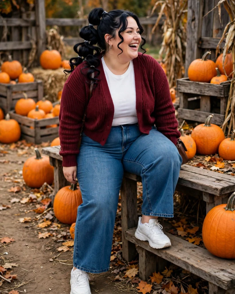 Wide-Leg Jeans and a Cropped Cardigan with Sneakers Plus Size Pumpkin Patch Outfit