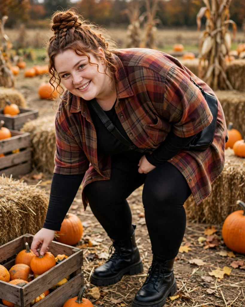 Plaid Shacket and Black Leggings with Chunky Boots Plus Size Pumpkin Patch Outfit