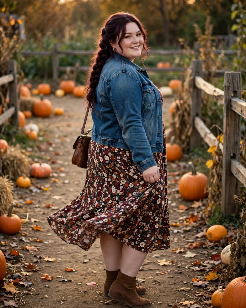 Floral Midi Dress and a Denim Jacket with Ankle Boots Plus Size Pumpkin Patch Outfit