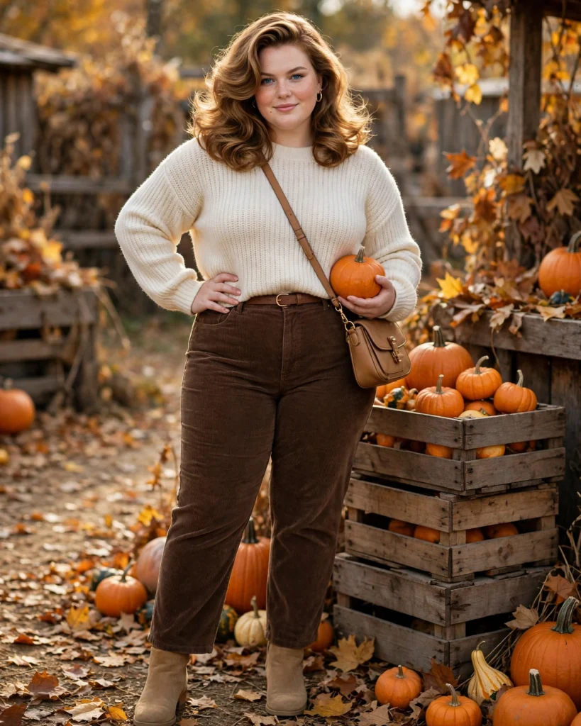 Chocolate Corduroy Pants and a Cream Knit Top Plus Size Pumpkin Patch Outfit