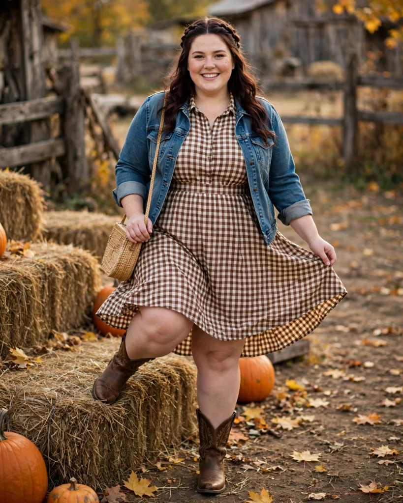 Gingham Dress and a Denim Jacket with Western Boots Plus Size Pumpkin Patch Outfit