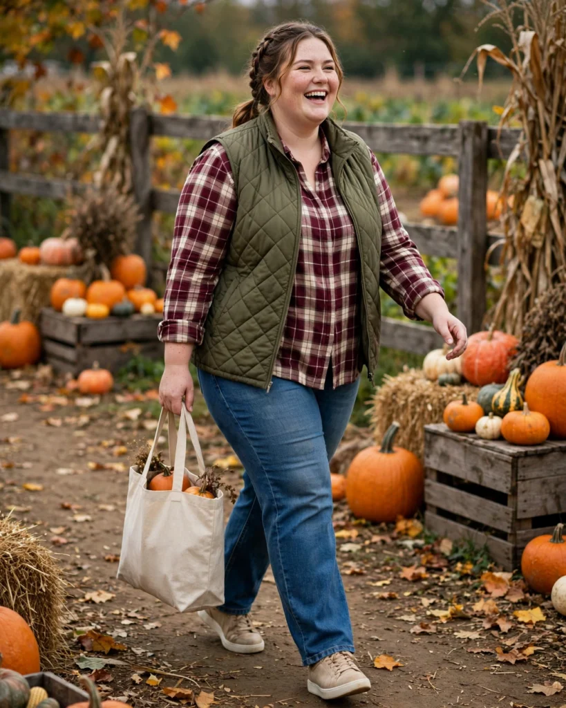 Quilted Vest and Flannel with Straight-Leg Jeans Plus Size Pumpkin Patch Outfit