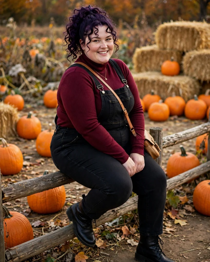 Black Denim Overalls and a Burgundy Turtleneck Plus Size Pumpkin Patch Outfit