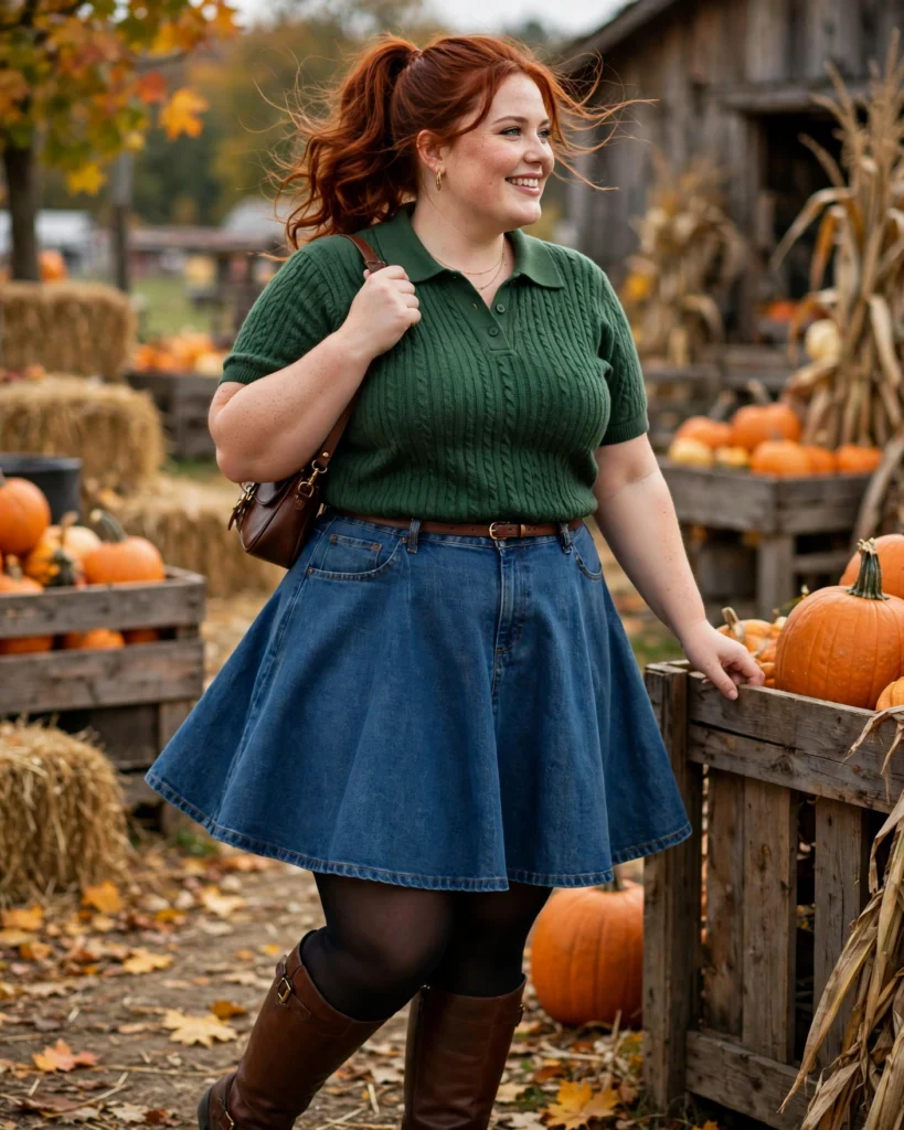 A-Line Denim Skirt and a Knit Polo with Tall Boots Plus Size Pumpkin Patch Outfit