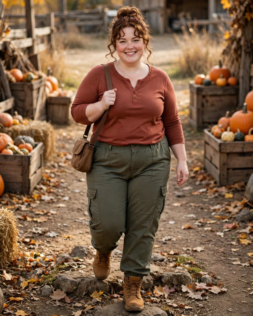 Olive Cargo Pants and a Rust Henley Top Plus Size Pumpkin Patch Outfit