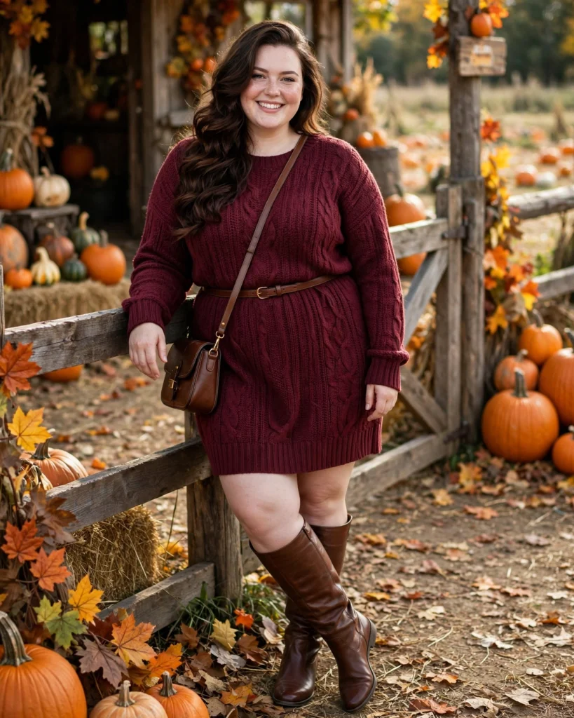 Sweater Dress and a Belt with Knee-High Boots Plus Size Pumpkin Patch Outfit