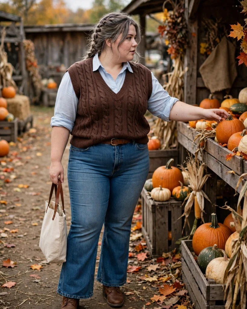 Bootcut Jeans and a Cable-Knit Vest with a Button-Down Plus Size Pumpkin Patch Outfit