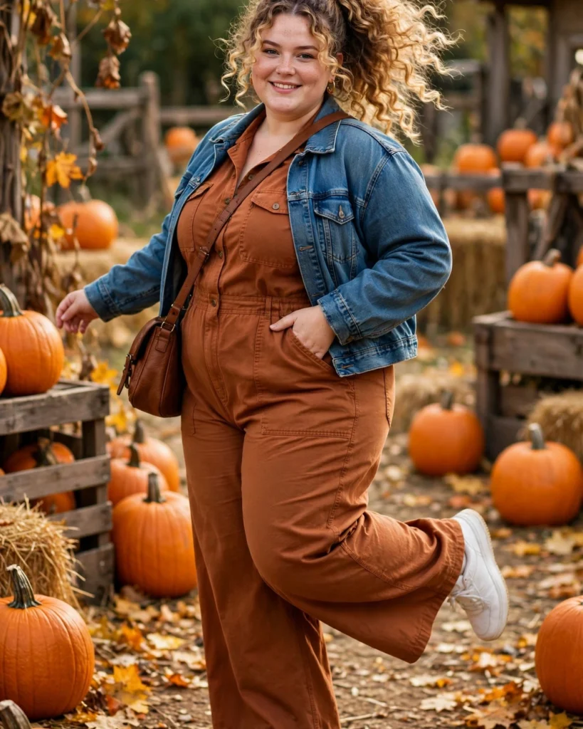 Rust Jumpsuit and a Denim Jacket with Sneakers Plus Size Pumpkin Patch Outfit