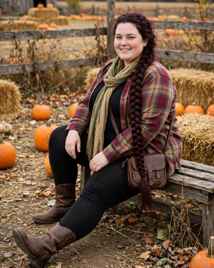 Black Leggings and a Long Plaid Shirt with Riding Boots Plus Size Pumpkin Patch Outfit