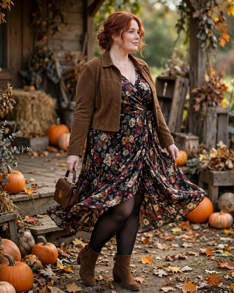 Dark Floral Wrap Dress and a Cropped Suede Jacket Plus Size Pumpkin Patch Outfit