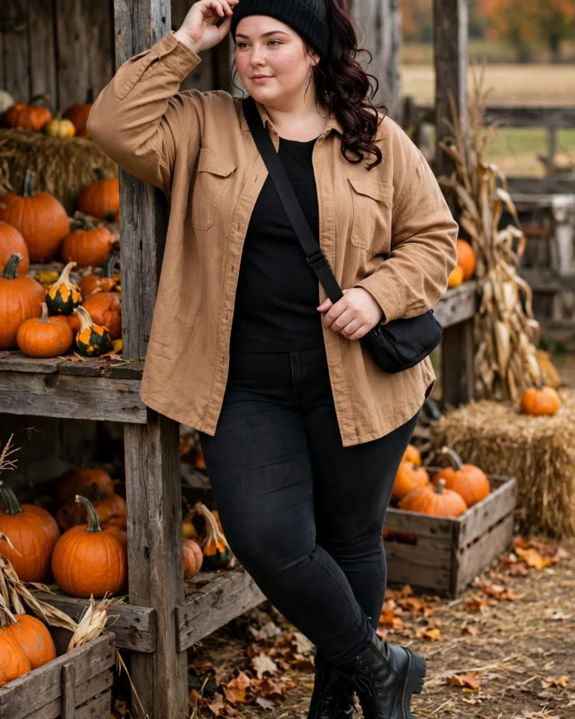 Camel Shacket and Dark Skinny Jeans with Lug-Sole Boots Plus Size Pumpkin Patch Outfit