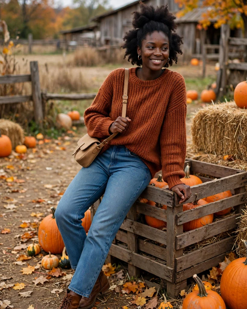 21 Pumpkin Patch Outfits for Black Women: Cute Fall Looks 2 Rust Sweater with Blue Jeans Pumpkin Patch Outfit for Black Women