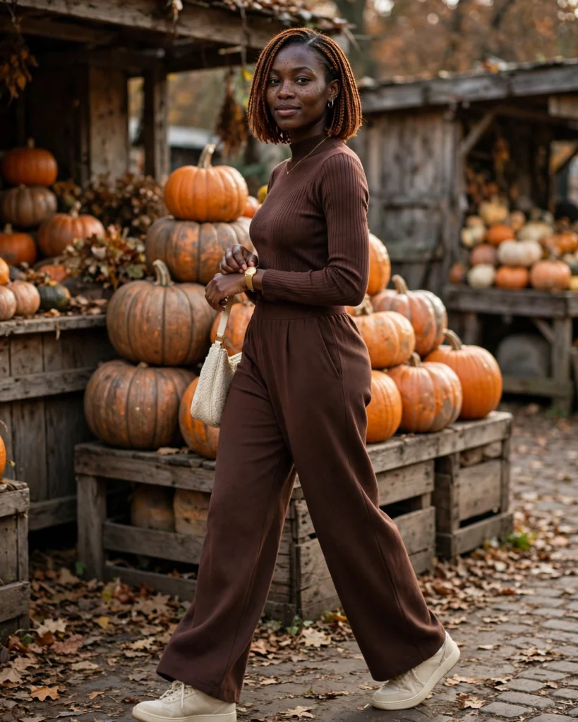 21 Pumpkin Patch Outfits for Black Women: Cute Fall Looks 3 Chocolate Brown Monochrome Outfit Pumpkin Patch Outfit for Black Women