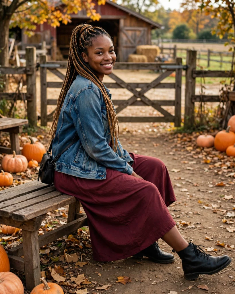 21 Pumpkin Patch Outfits for Black Women: Cute Fall Looks 4 Burgundy Midi Dress with a Denim Jacket Pumpkin Patch Outfit for Black Women