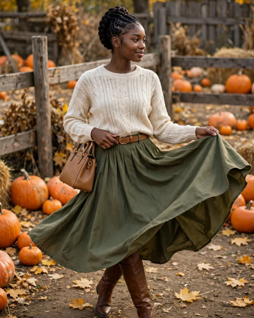 21 Pumpkin Patch Outfits for Black Women: Cute Fall Looks 5 Cream Sweater with an Olive Green Skirt Pumpkin Patch Outfit for Black Women