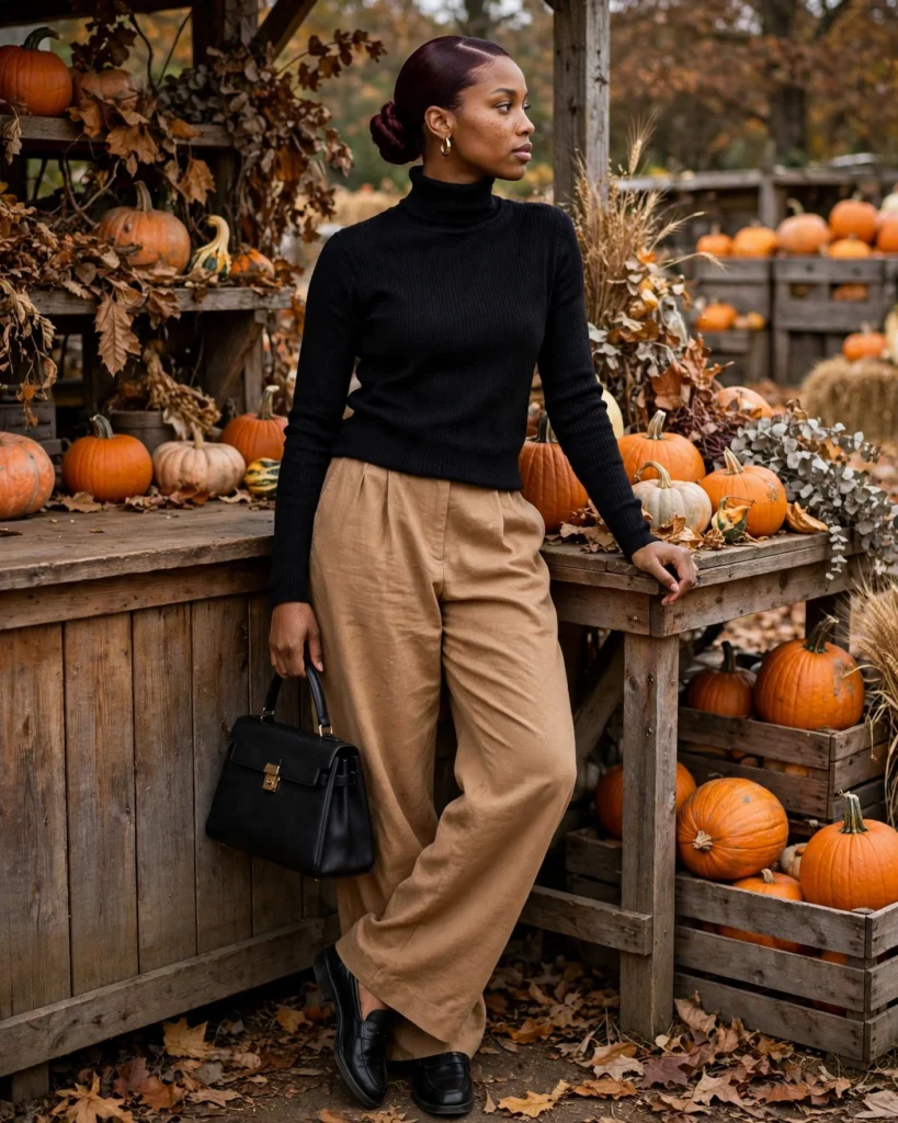21 Pumpkin Patch Outfits for Black Women: Cute Fall Looks 6 Black Turtleneck with Camel Trousers Pumpkin Patch Outfit for Black Women