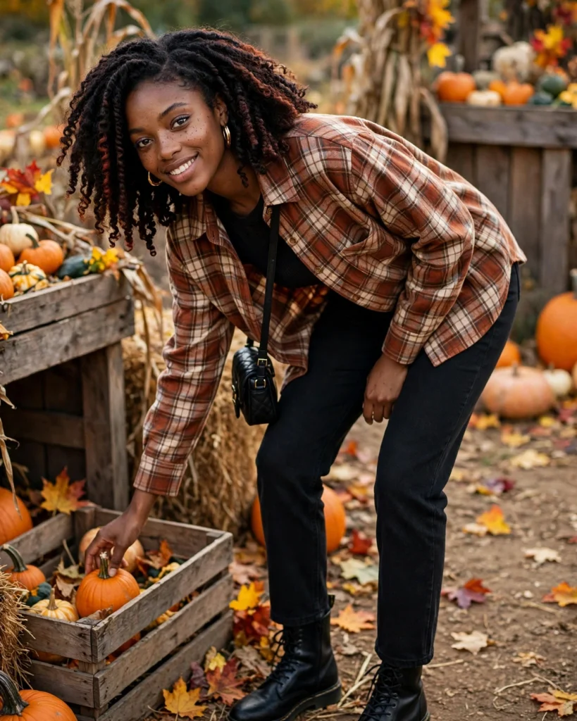 21 Pumpkin Patch Outfits for Black Women: Cute Fall Looks 7 Plaid Shacket with Black Jeans Pumpkin Patch Outfit for Black Women