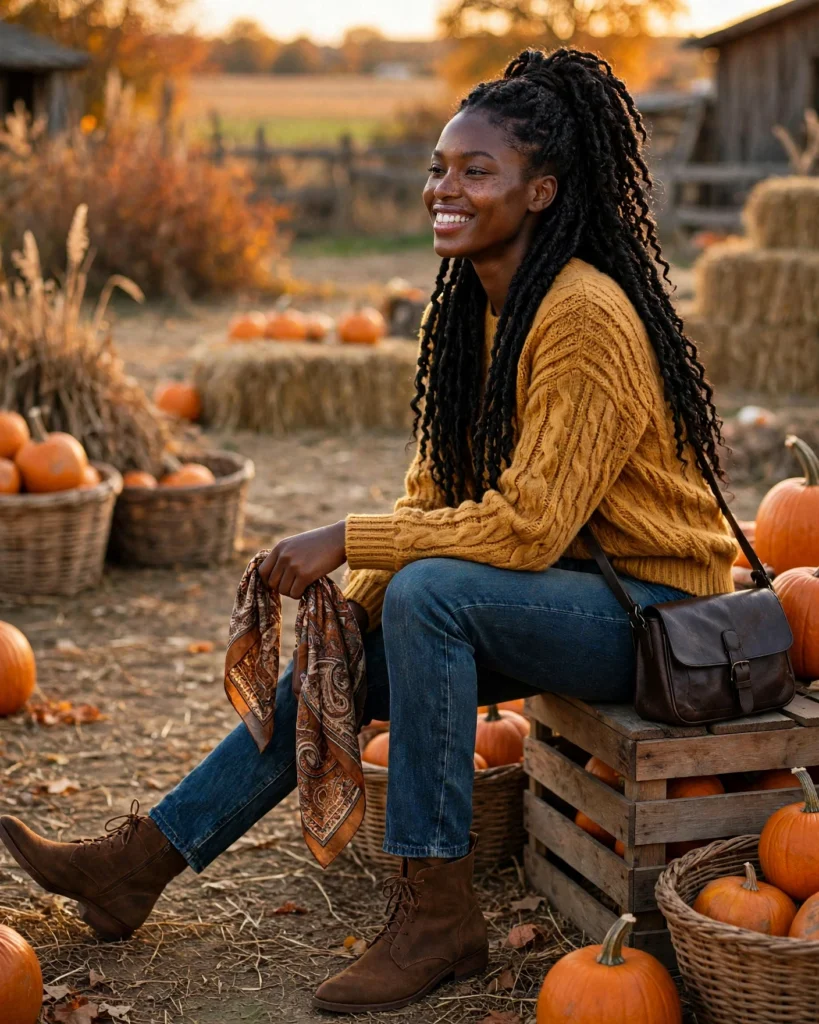 21 Pumpkin Patch Outfits for Black Women: Cute Fall Looks 8 Mustard Sweater with Dark Denim Pumpkin Patch Outfit for Black Women
