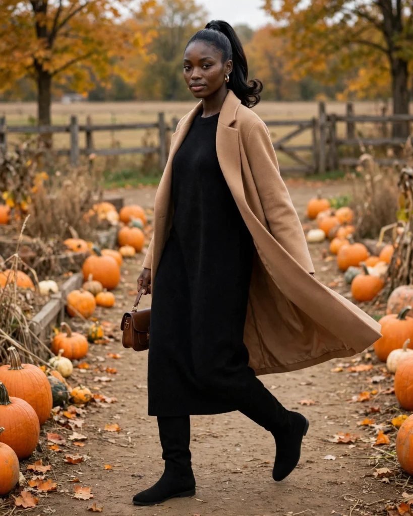 21 Pumpkin Patch Outfits for Black Women: Cute Fall Looks 9 Black Sweater Dress with Knee-High Boots Pumpkin Patch Outfit for Black Women