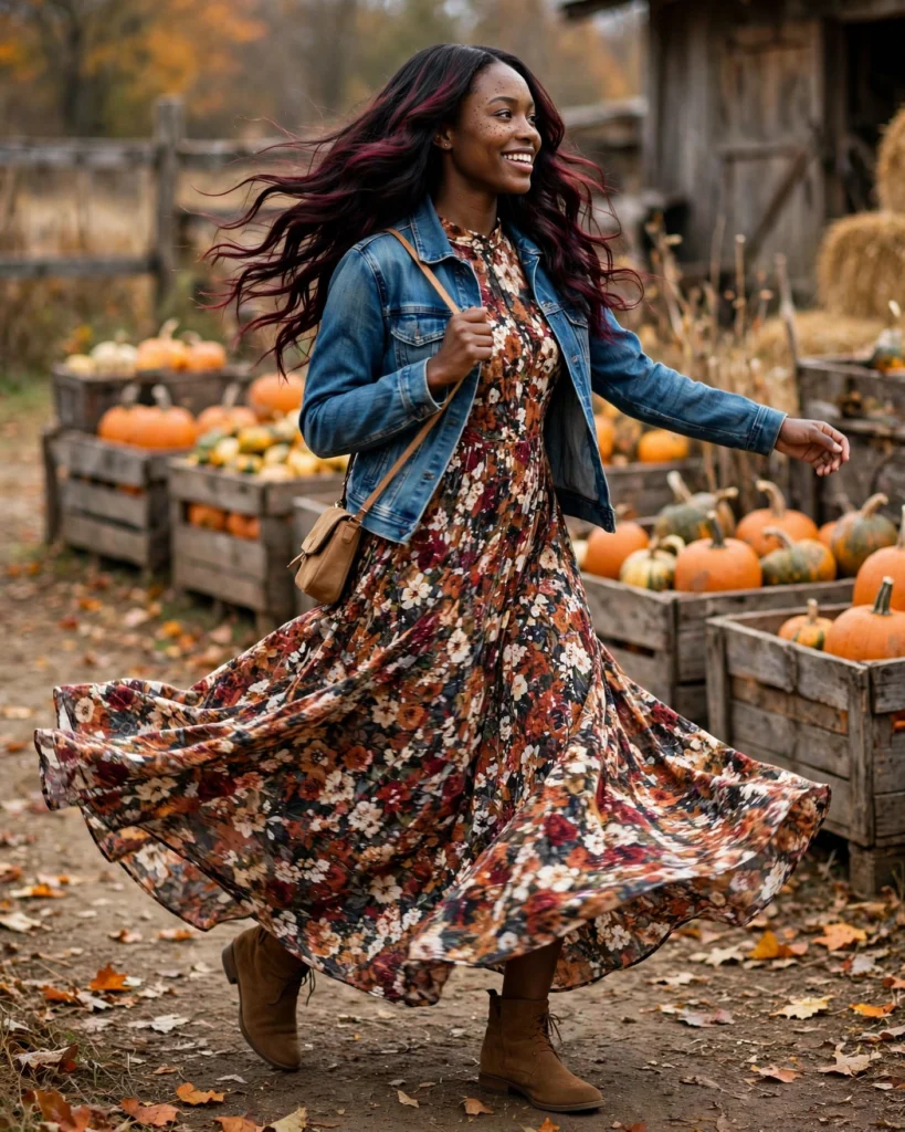 21 Pumpkin Patch Outfits for Black Women: Cute Fall Looks 10 Denim Jacket with a Floral Maxi Dress Pumpkin Patch Outfit for Black Women