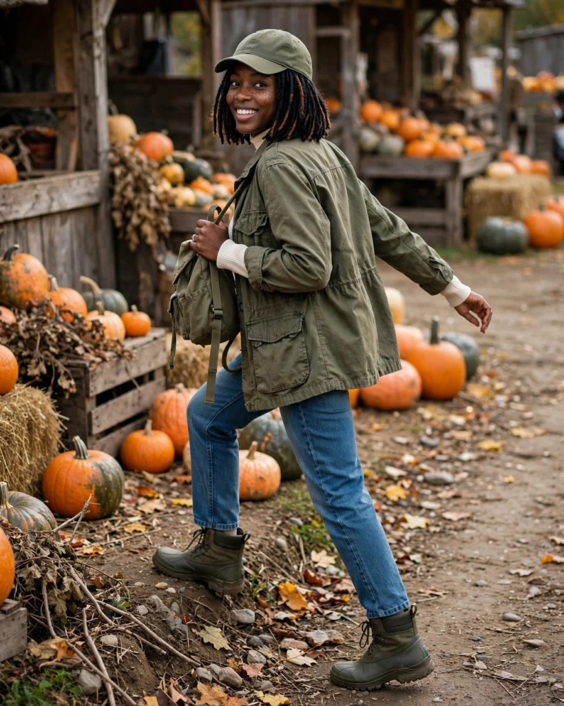 21 Pumpkin Patch Outfits for Black Women: Cute Fall Looks 11 Olive Utility Jacket with Straight-Leg Jeans Pumpkin Patch Outfit for Black Women