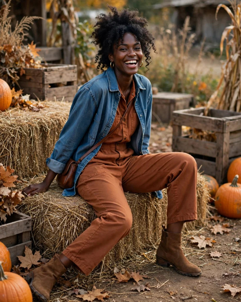 21 Pumpkin Patch Outfits for Black Women: Cute Fall Looks 12 Rust Jumpsuit with a Denim Shirt Pumpkin Patch Outfit for Black Women