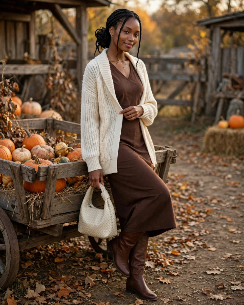 21 Pumpkin Patch Outfits for Black Women: Cute Fall Looks 13 Cream Cardigan with a Chocolate Brown Dress Pumpkin Patch Outfit for Black Women