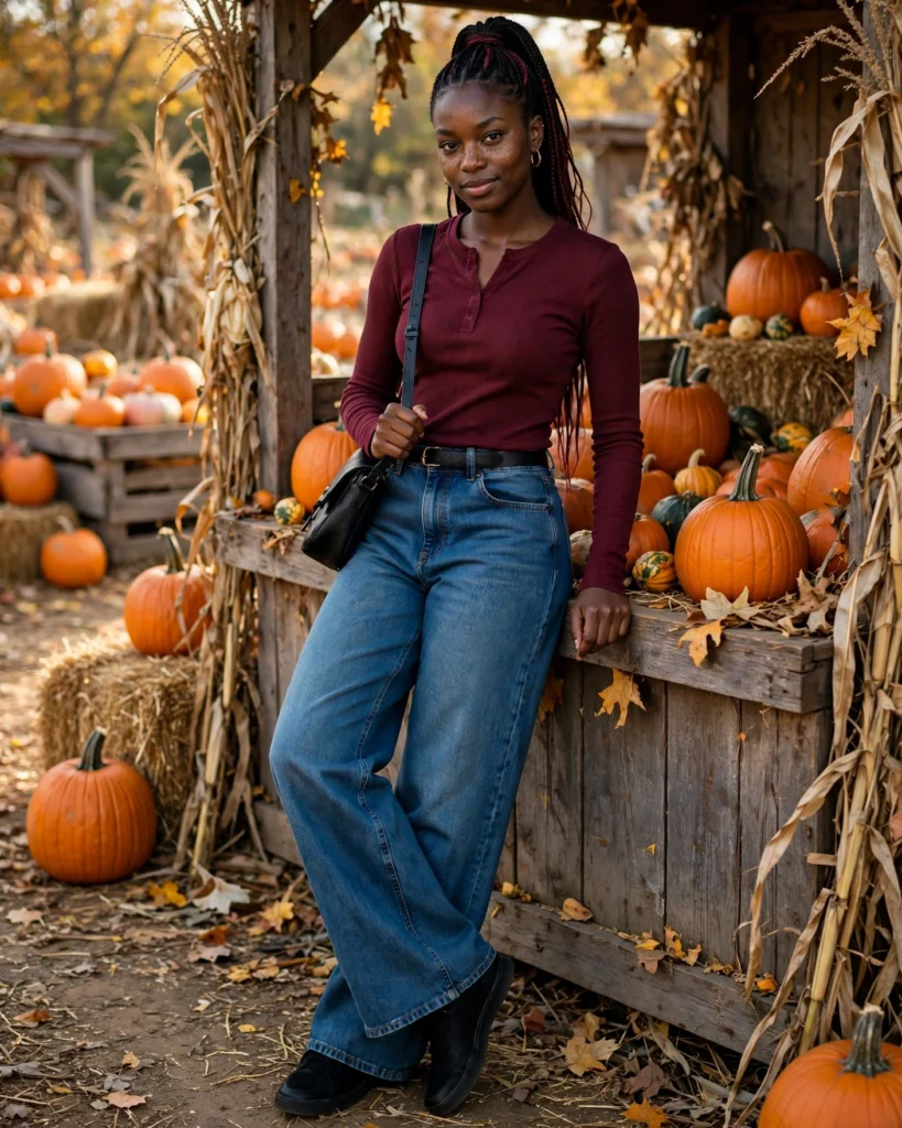 21 Pumpkin Patch Outfits for Black Women: Cute Fall Looks 14 Wide-Leg Jeans with a Fitted Burgundy Top Pumpkin Patch Outfit for Black Women