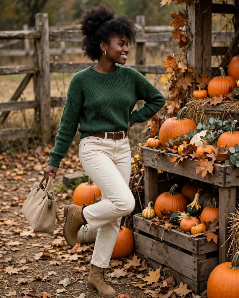 21 Pumpkin Patch Outfits for Black Women: Cute Fall Looks 15 Forest Green Sweater with Cream Jeans Pumpkin Patch Outfit for Black Women
