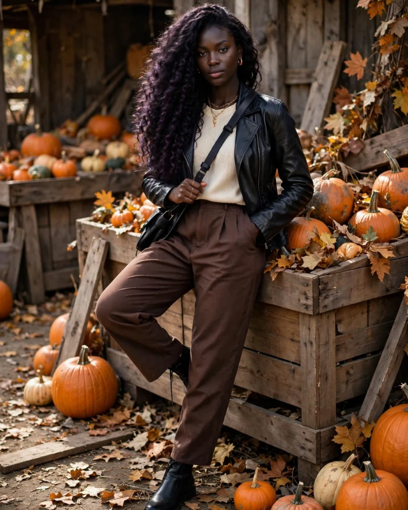 21 Pumpkin Patch Outfits for Black Women: Cute Fall Looks 16 Black Leather-Look Jacket with Brown Trousers Pumpkin Patch Outfit for Black Women