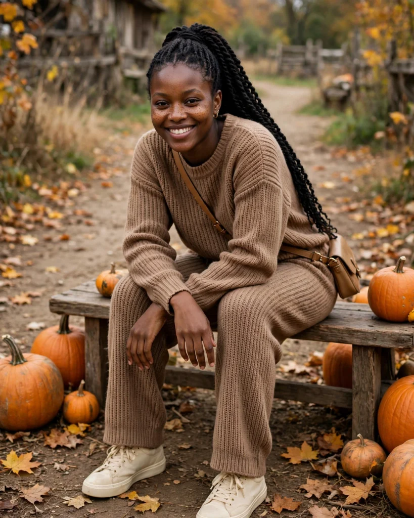21 Pumpkin Patch Outfits for Black Women: Cute Fall Looks 17 Cozy Knit Set in Warm Taupe Pumpkin Patch Outfit for Black Women