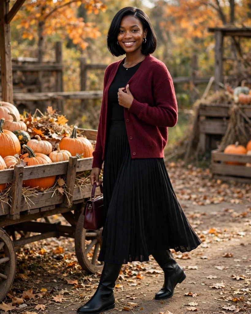 21 Pumpkin Patch Outfits for Black Women: Cute Fall Looks 18 Burgundy Cardigan with a Black Midi Skirt Pumpkin Patch Outfit for Black Women