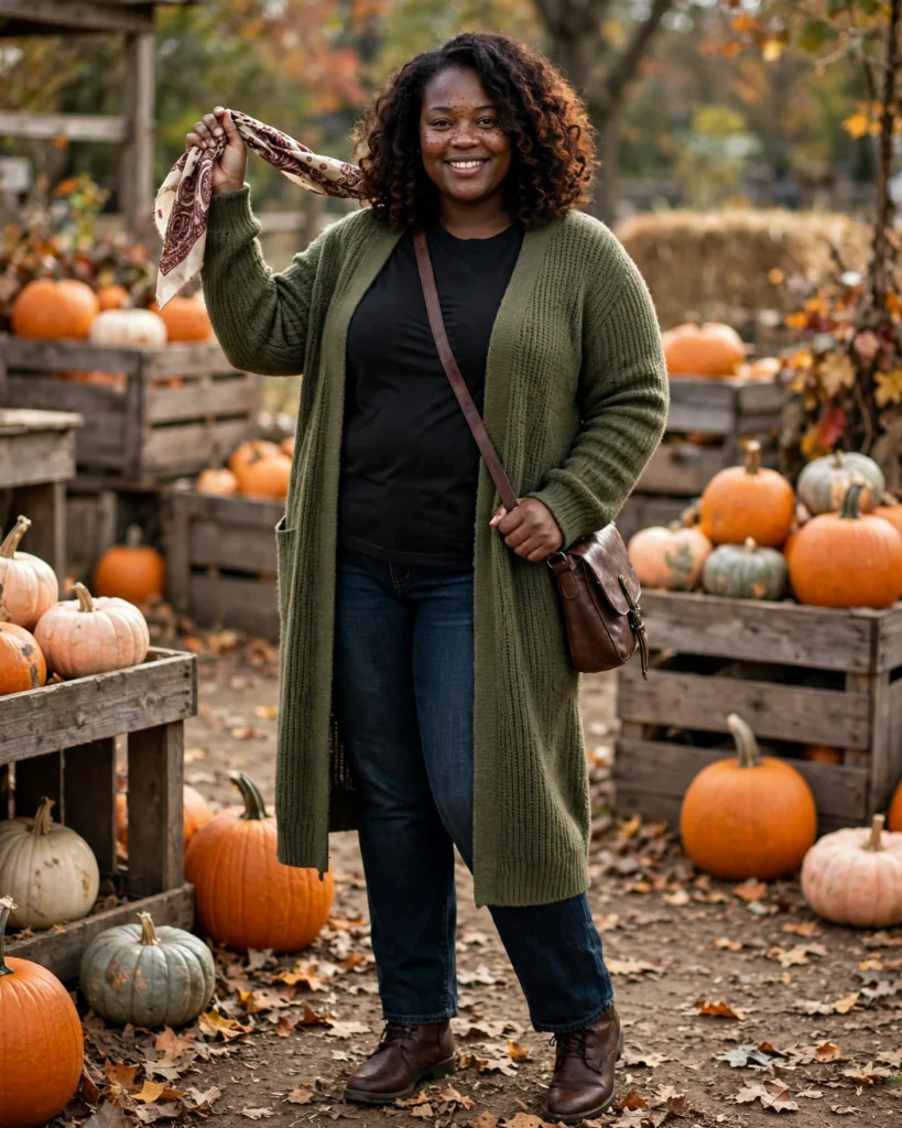 21 Pumpkin Patch Outfits for Black Women: Cute Fall Looks 19 Plus-Size Pumpkin Patch Outfit with a Longline Cardigan Pumpkin Patch Outfit for Black Women