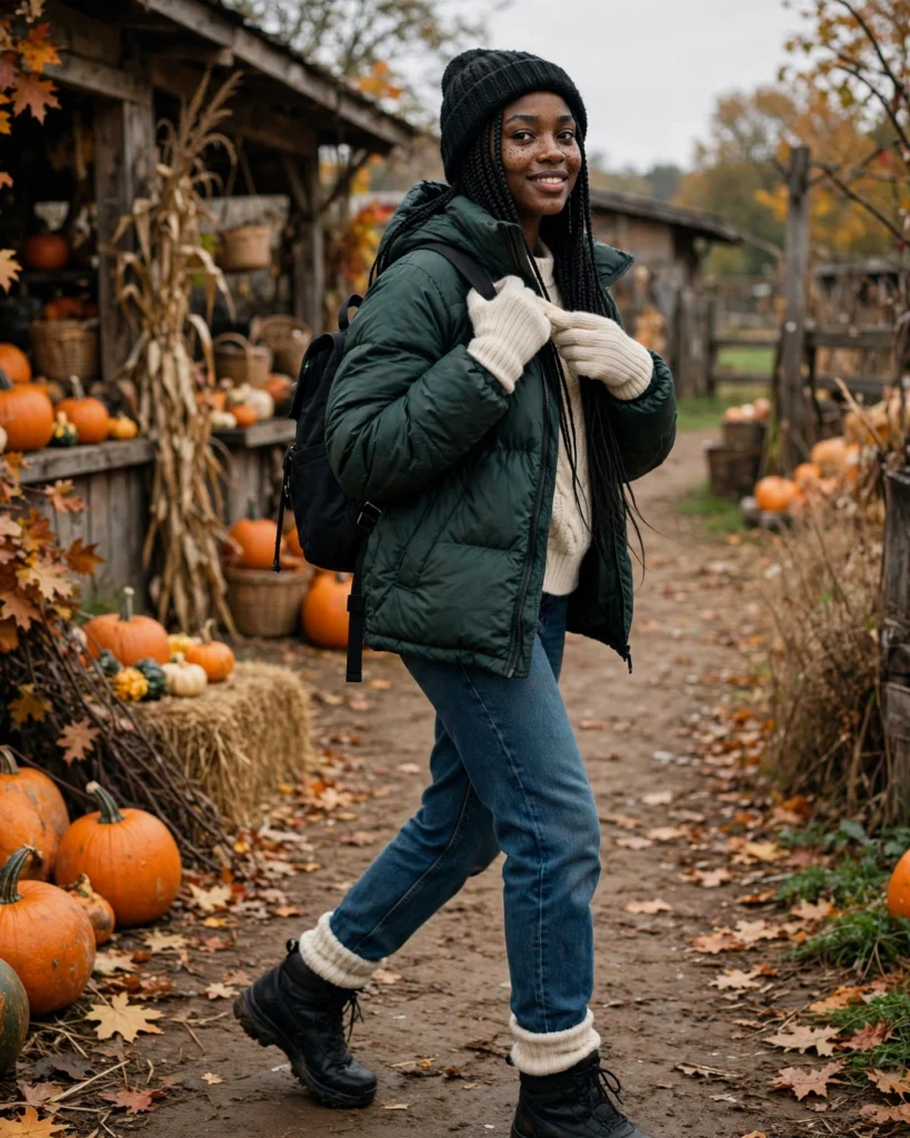 21 Pumpkin Patch Outfits for Black Women: Cute Fall Looks 20 Cold-Weather Outfit with a Puffer Jacket Pumpkin Patch Outfit for Black Women