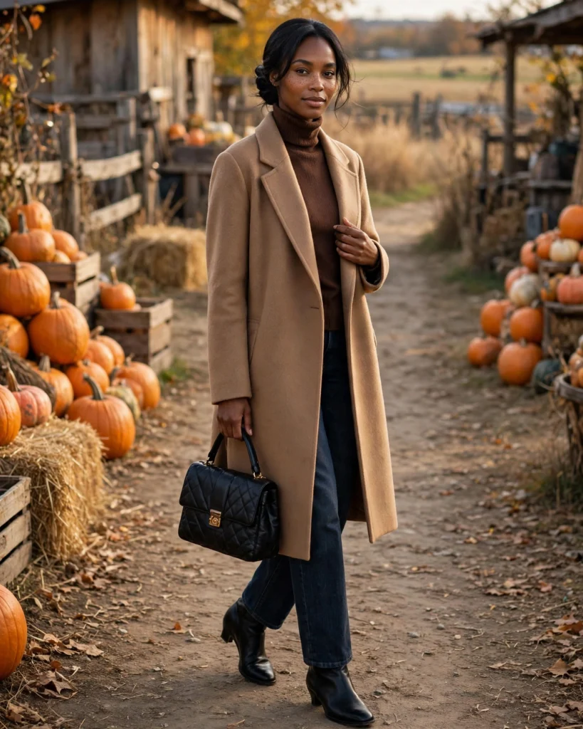 21 Pumpkin Patch Outfits for Black Women: Cute Fall Looks 21 Elegant Camel Coat with Dark Denim Pumpkin Patch Outfit for Black Women