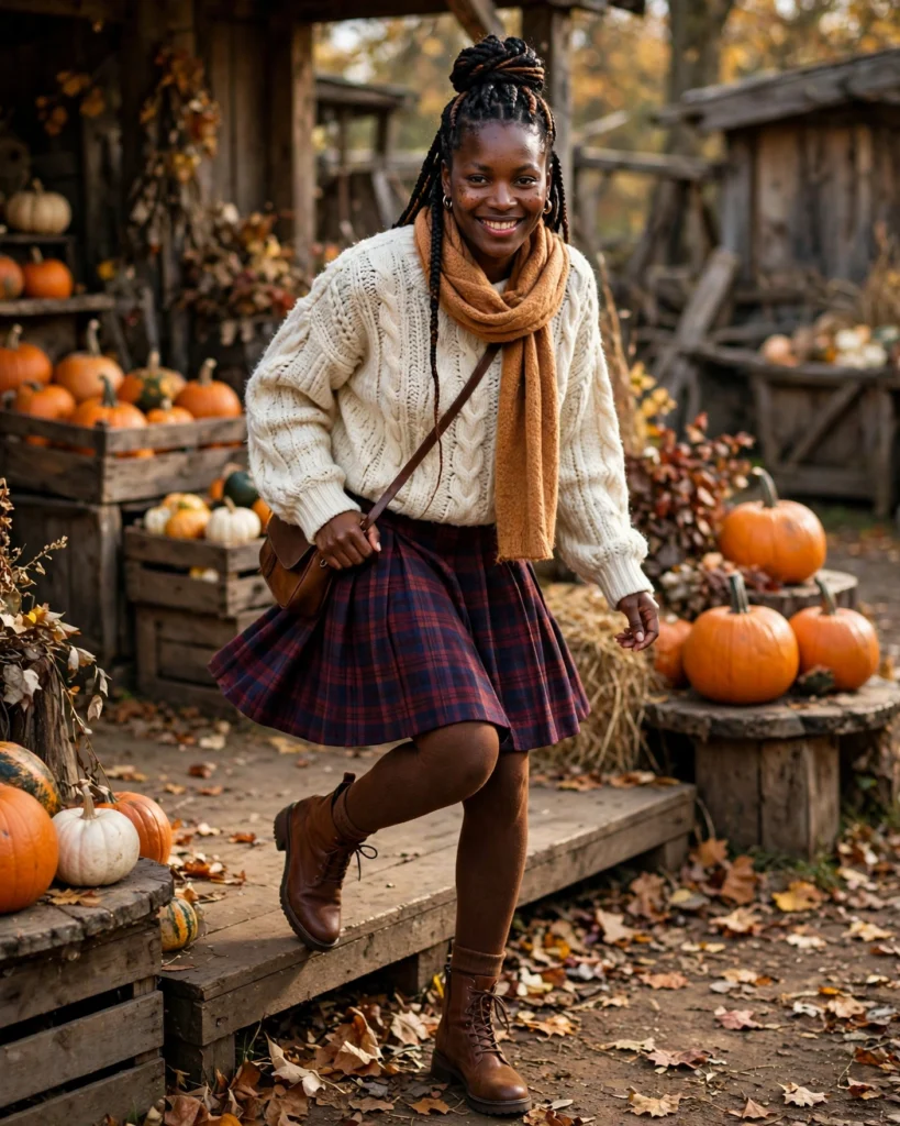 21 Pumpkin Patch Outfits for Black Women: Cute Fall Looks 22 Plaid Skirt with a Chunky Cream Sweater Pumpkin Patch Outfit for Black Women