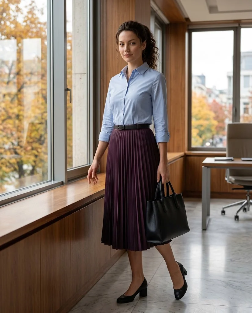 22 Fall Professional Outfits for Women: Chic Office Looks for Every Workday 6 Button-Down Shirt with a Pleated Skirt Fall Professional Outfit