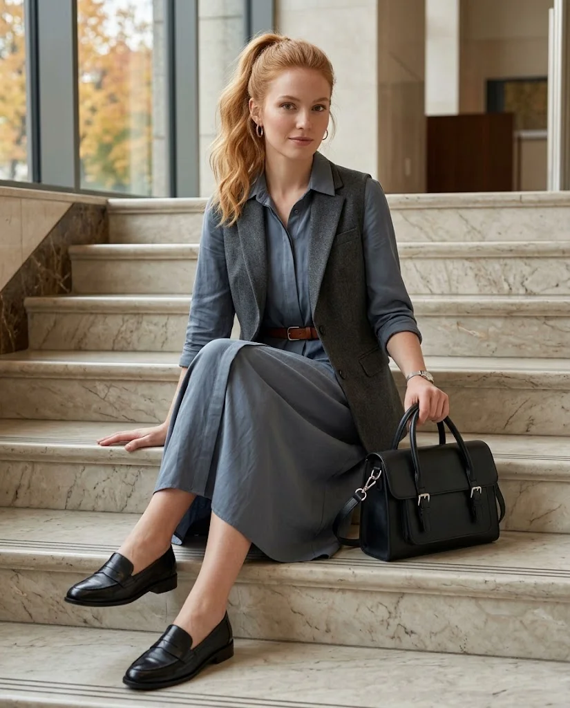 22 Fall Professional Outfits for Women: Chic Office Looks for Every Workday 17 Shirt Dress with a Tailored Vest Fall Professional Outfit