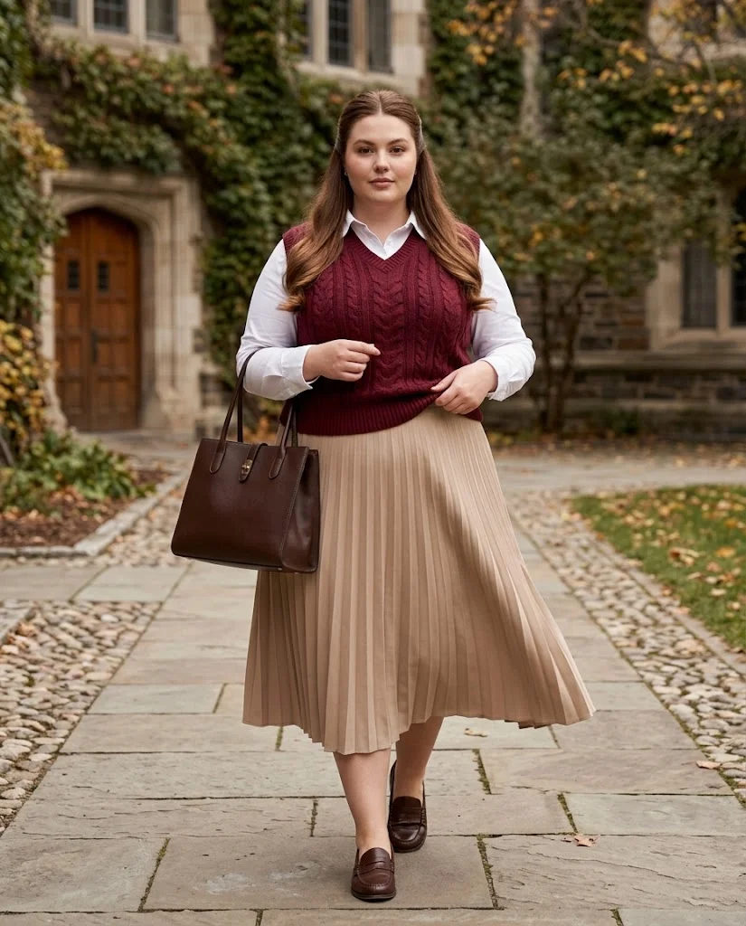 Sweater Vest with a Midi Skirt and Loafers Plus Size October Outfit
